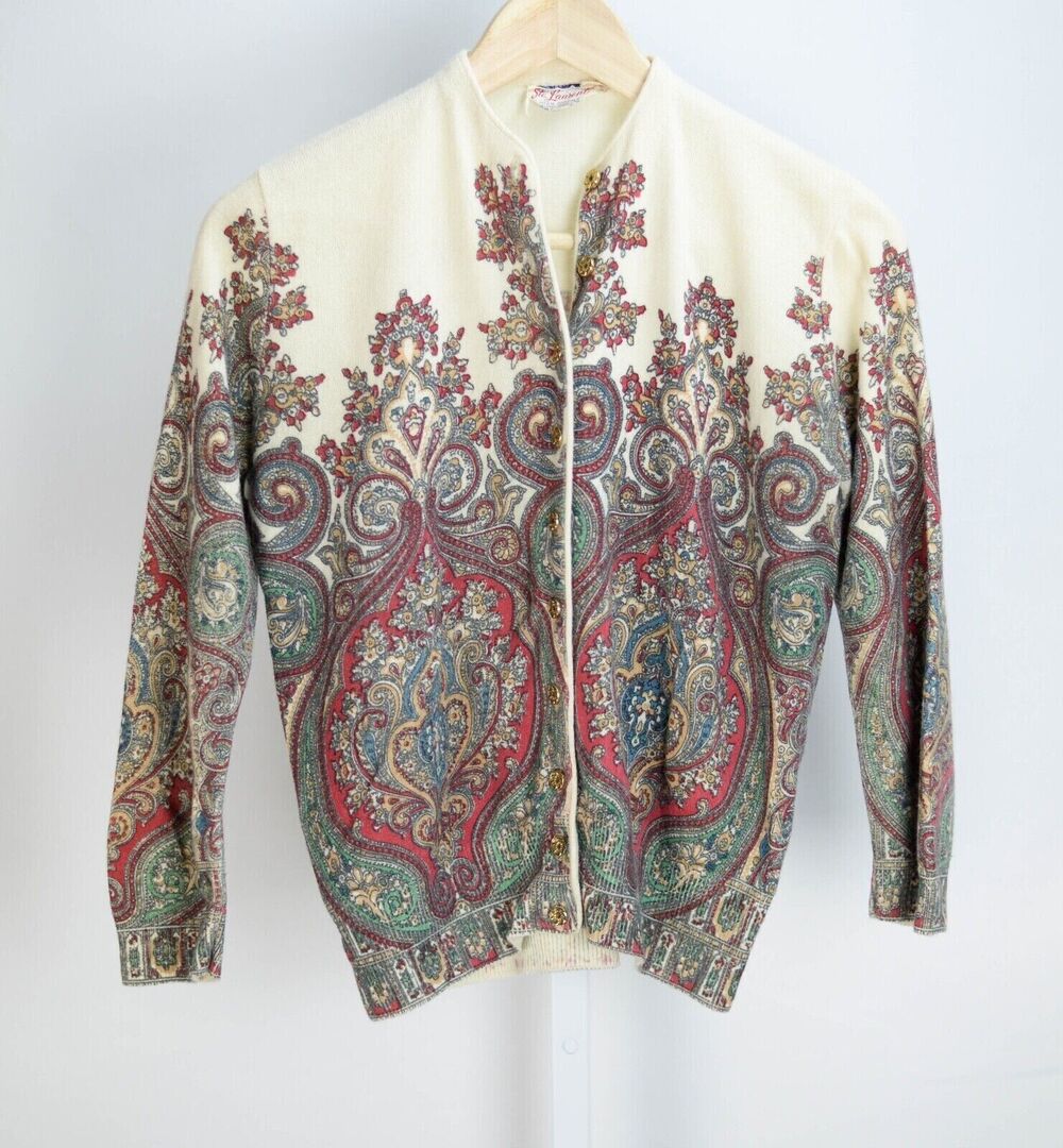 Vintage Saint St Ste Laurent Women's Cream Red Green Button Up Sweater S Small